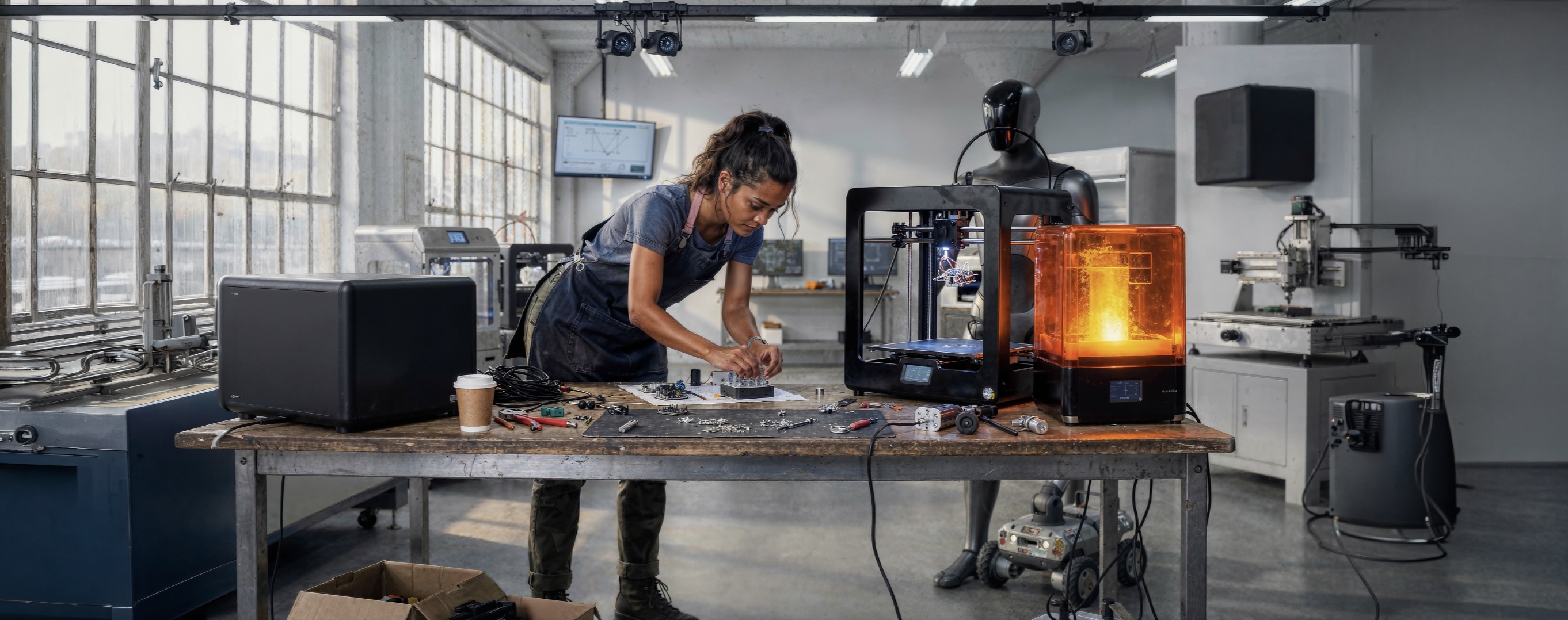 A woman maker standing with her humanoid robot assistant in a garage workshop filled with 3D printers, CNC machines, and fabrication tools