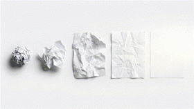 Five stages of paper uncrumpling — from scrunched chaos to a clean, flat sheet representing clarity of mind